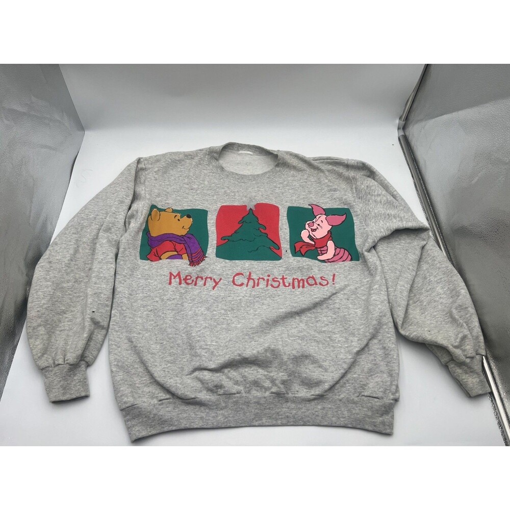 Vintage 90s Disney Christmas Sweatshirt Women Large Winnie The Pooh Piglet Gray